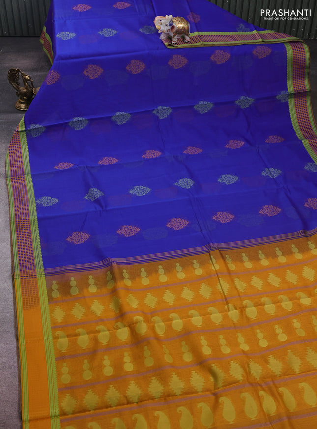 Royal Blue & Mustard Kora Silk Cotton Saree