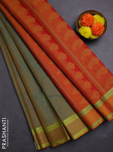 Green & Mustard Kora Silk Cotton Saree