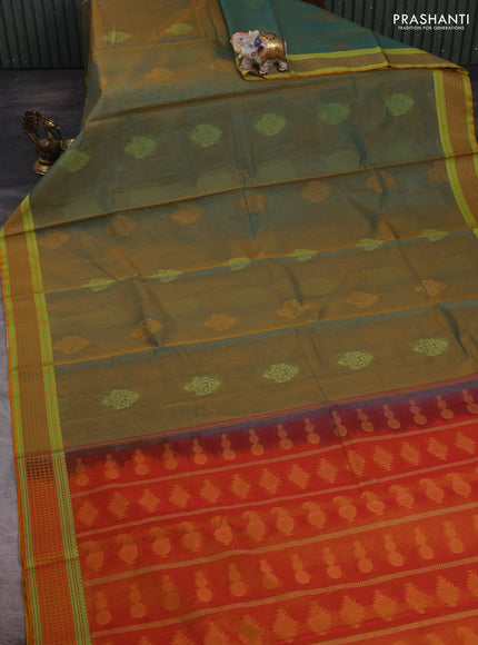 Green & Mustard Kora Silk Cotton Saree
