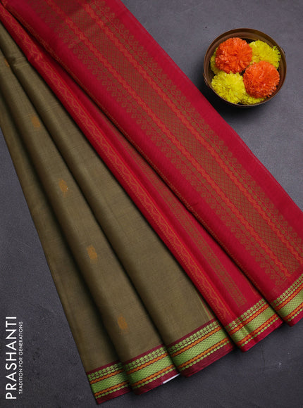 Olive Green & Red Kora Silk Cotton Saree