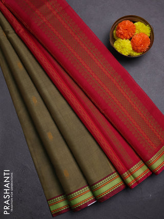 Olive Green & Red Kora Silk Cotton Saree