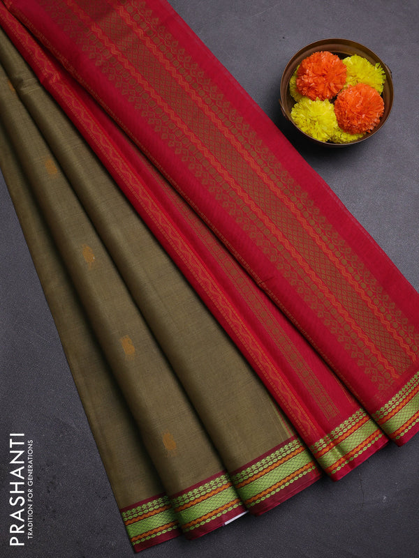 Olive Green & Red Kora Silk Cotton Saree