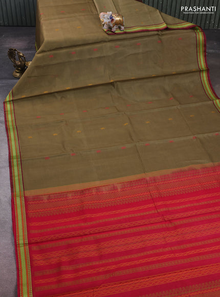 Olive Green & Red Kora Silk Cotton Saree