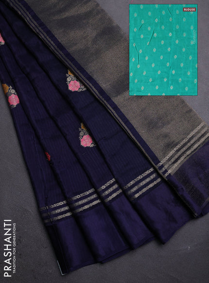 Navy Blue & Teal Green Semi Mysore Silk - Contrast Blouse