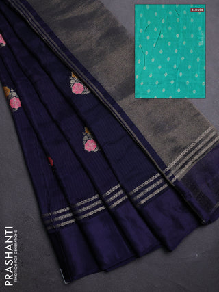 Navy Blue & Teal Green Semi Mysore Silk - Contrast Blouse