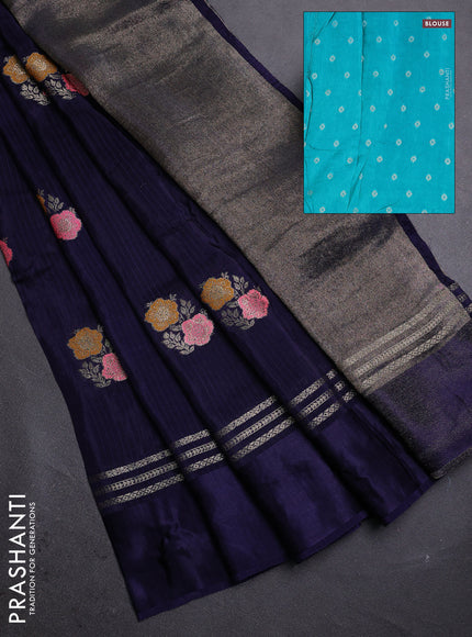Navy Blue & Teal Green Semi Mysore Silk - Contrast Blouse