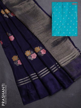 Navy Blue & Teal Green Semi Mysore Silk - Contrast Blouse