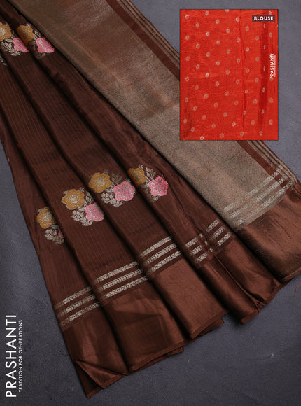 Coffee Brown & Orange Semi Mysore Silk - Contrast Blouse