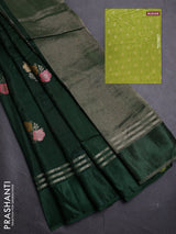 Bottle Green & Lime Green Semi Mysore Silk - Contrast Blouse