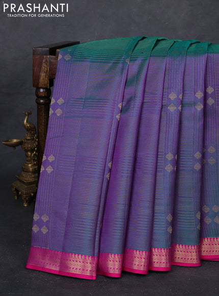 Peacock Green & Pink Pure Kanchipuram Silk Saree - Checks