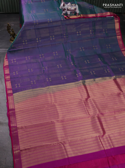 Peacock Green & Pink Pure Kanchipuram Silk Saree - Checks