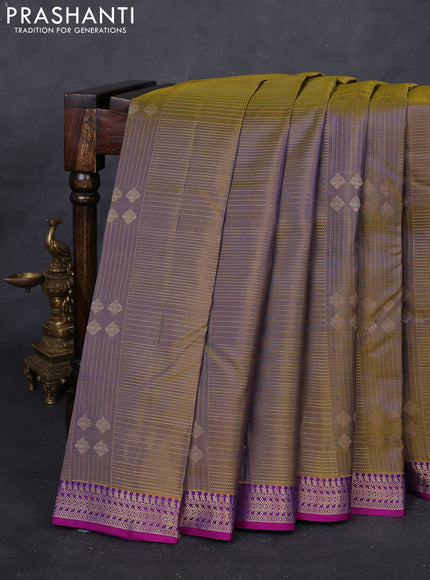 Olive Green & Purple Pure Kanchipuram Silk Saree - Checks