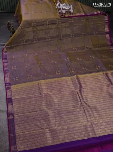Olive Green & Purple Pure Kanchipuram Silk Saree - Checks