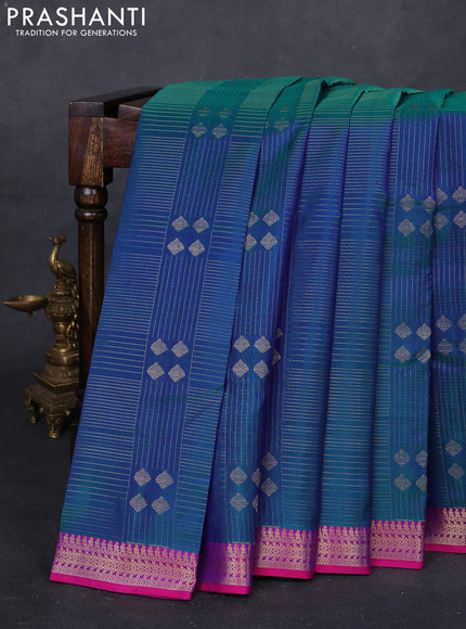 Blue & Pink Pure Kanchipuram Silk Saree - Checks