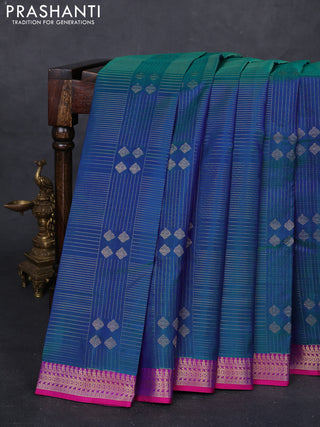 Blue & Pink Pure Kanchipuram Silk Saree - Checks