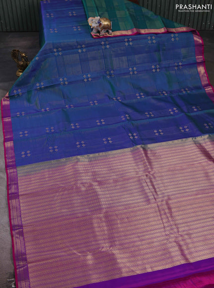 Blue & Pink Pure Kanchipuram Silk Saree - Checks