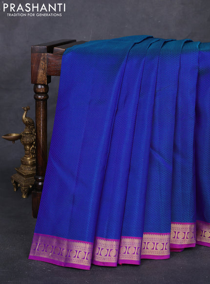 Blue & Magenta Pink Pure Kanchipuram Silk Saree - Self Emboss