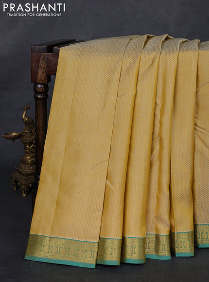 Pale Yellow & Teal Green Pure Kanchipuram Silk Saree - Self Emboss