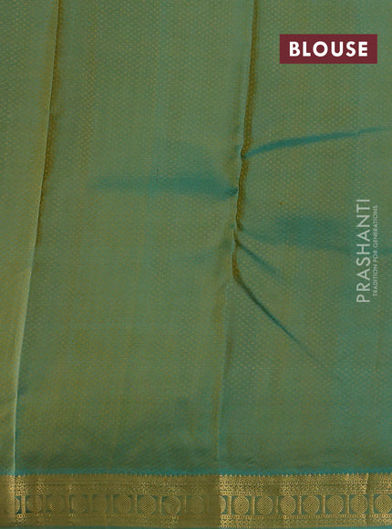 Pale Yellow & Teal Green Pure Kanchipuram Silk Saree - Self Emboss