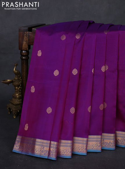 Purple & Teal Blue Pure Kanchipuram Silk Saree - Buttas