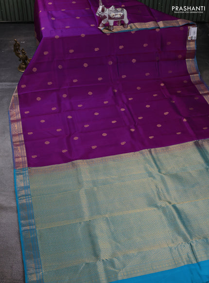 Purple & Teal Blue Pure Kanchipuram Silk Saree - Buttas