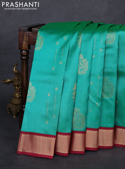 Teal Green & Wine Pure Kanchipuram Silk Saree - Buttas