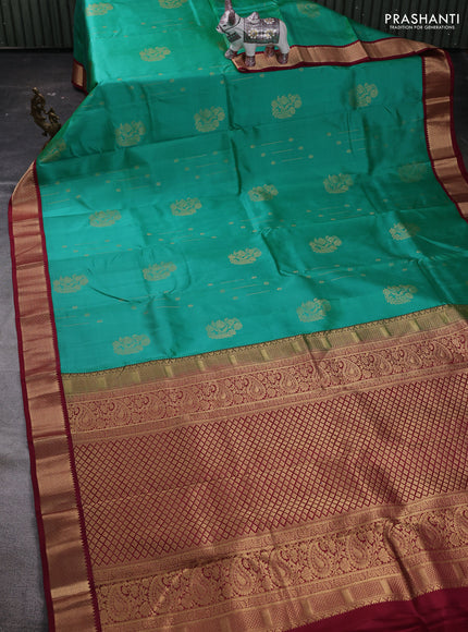 Teal Green & Wine Pure Kanchipuram Silk Saree - Buttas