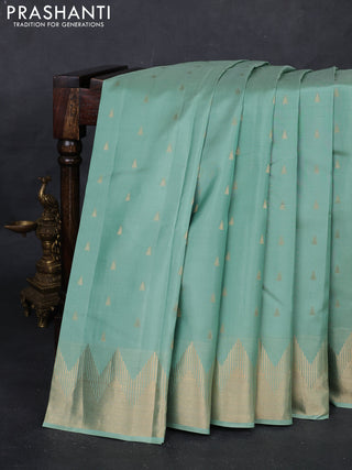 Pastel Green & Purple Pure Kanchipuram Silk Saree - Buttas