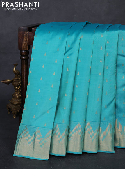 Teal Blue & Purple Pure Kanchipuram Silk Saree - Buttas