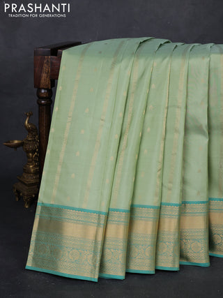 Pastel Green & Teal Green Pure Kanchipuram Silk Saree - Buttas