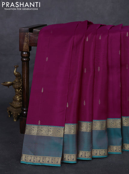 Magenta Pink & Teal Green Pure Kanchipuram Silk Saree - Buttas