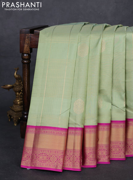 Pista Green & Pink Pure Kanchipuram Silk Saree - Checks