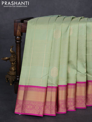 Pista Green & Pink Pure Kanchipuram Silk Saree - Checks