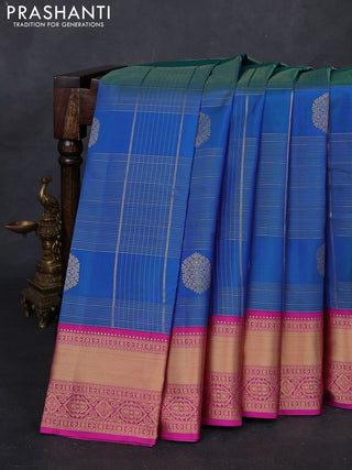 Peacock Blue & Pink Pure Kanchipuram Silk Saree - Checks