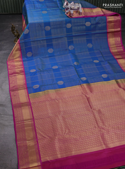 Peacock Blue & Pink Pure Kanchipuram Silk Saree - Checks
