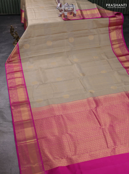 Beige & Pink Pure Kanchipuram Silk Saree - Checks