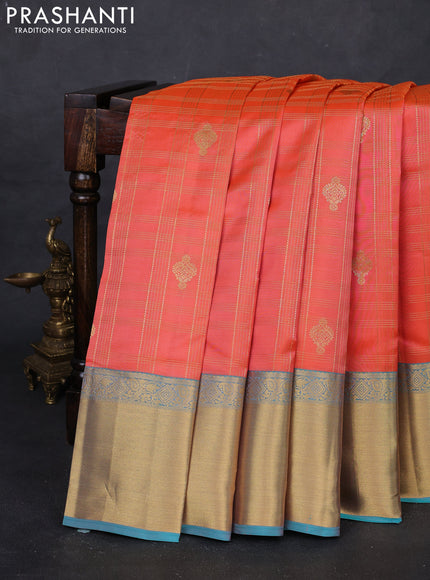 Peach Orange & Teal Blue Pure Kanchipuram Silk Saree -  Checks
