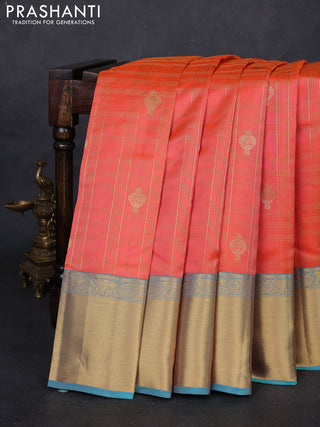 Peach Orange & Teal Blue Pure Kanchipuram Silk Saree -  Checks