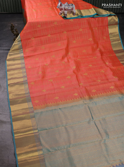 Peach Orange & Teal Blue Pure Kanchipuram Silk Saree -  Checks