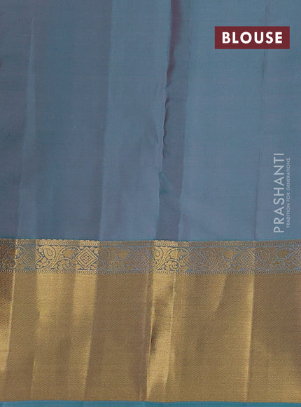 Peach Orange & Teal Blue Pure Kanchipuram Silk Saree -  Checks