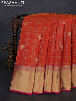 Rustic Orange & Pink Pure Kanchipuram Silk Saree - Checks