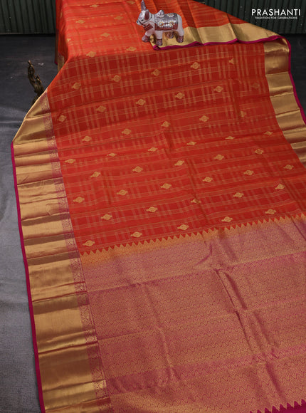 Rustic Orange & Pink Pure Kanchipuram Silk Saree - Checks