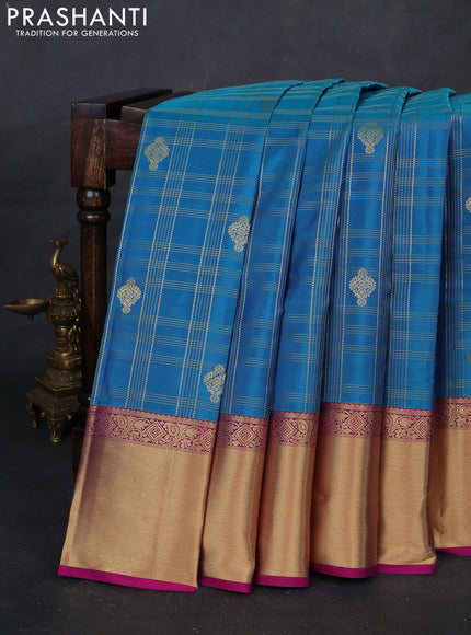 Teal Green & Magenta Pink Pure Kanchipuram Silk Saree - Checks