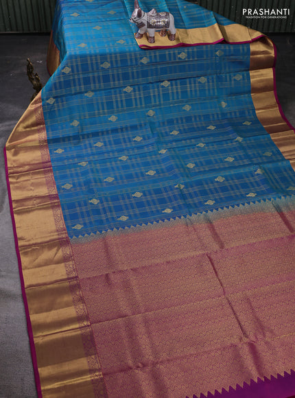 Teal Green & Magenta Pink Pure Kanchipuram Silk Saree - Checks