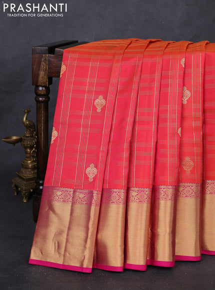 Peach Orange & Pink Pure Kanchipuram Silk Saree - Checks