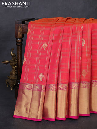 Peach Orange & Pink Pure Kanchipuram Silk Saree - Checks