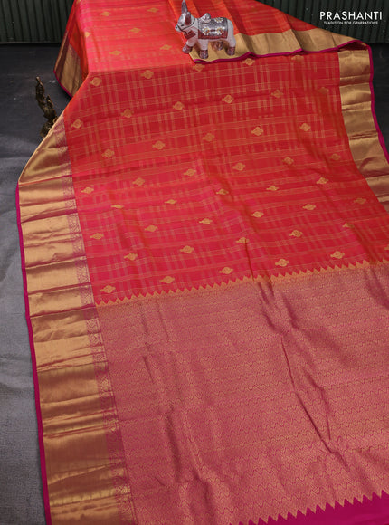 Peach Orange & Pink Pure Kanchipuram Silk Saree - Checks