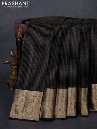 Black & Teal Green Pure Kanchipuram Silk Saree - Checks