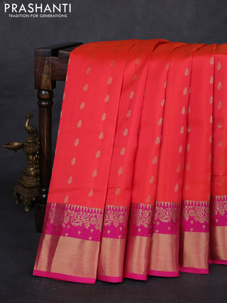 Peach Orange & Pink Pure Kanchipuram Silk Saree - Buttas