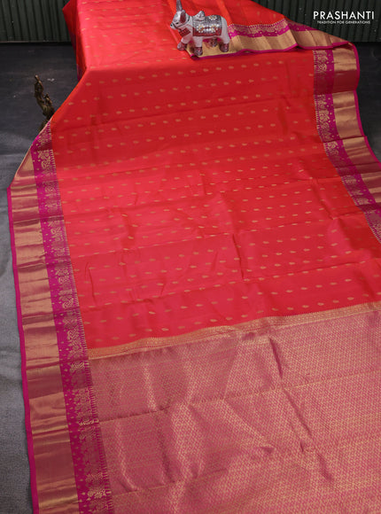 Peach Orange & Pink Pure Kanchipuram Silk Saree - Buttas